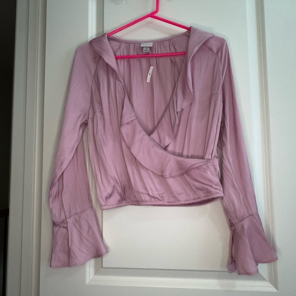 NWT A New Day Dusty Rose Pink Wrap Top With Bell Sleeves and Ruffle XS - Picture 1 of 6